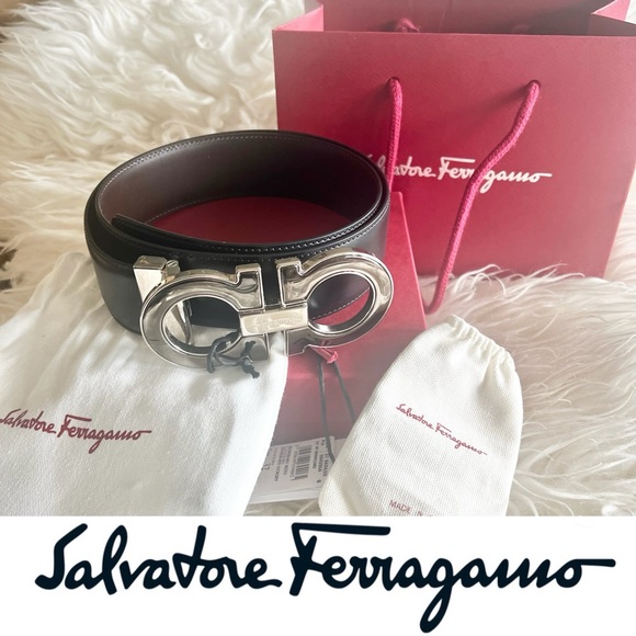SALVATORE FERRAGAMO Reversible Adjustable GANCINI Wide BELT Black/Hickory*NEW - Picture 1 of 8